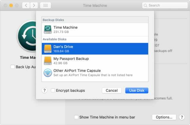 Selecione a janela do disco nas preferências do sistema de backup do Time Machine