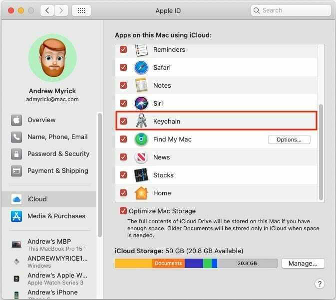 გადართეთ Keychain Apple ID-ის პარამეტრებში