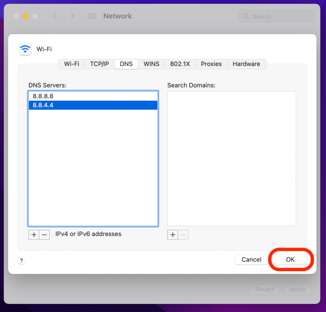 Safari가 Mac에서 작동하지 않을 때 서버를 추가하려면 확인을 클릭하여 저장하십시오.