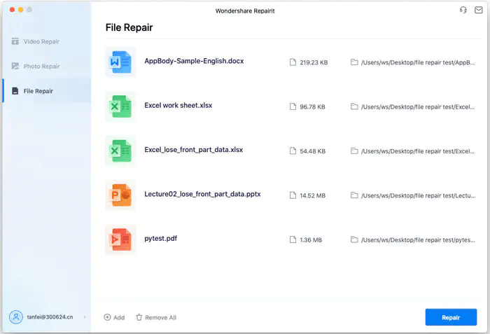 Wondershare Repairit - seznam oprav souborů