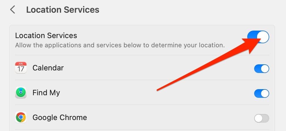 Skærmbillede, der viser, hvordan du skifter dine placeringstjenester på macOS