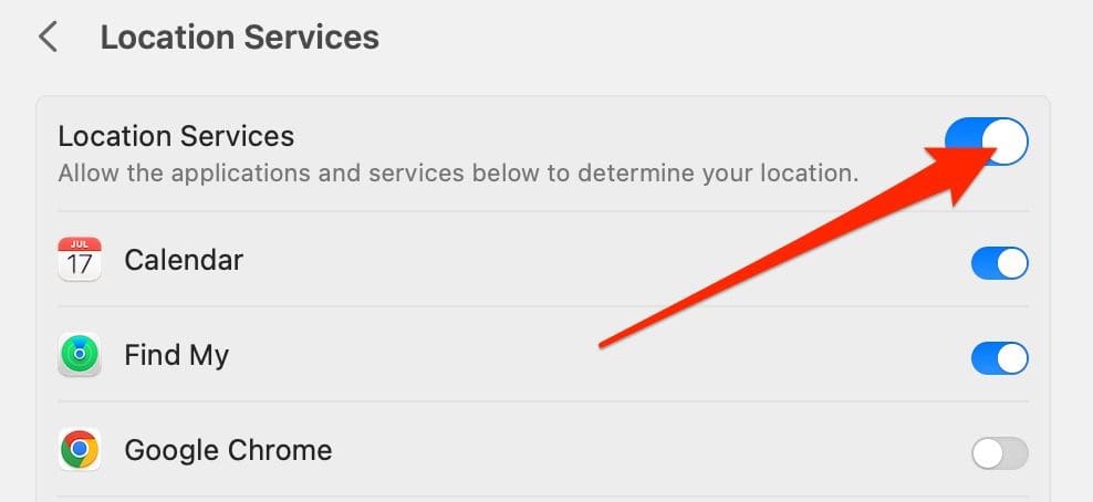 Cuplikan layar menunjukkan cara mengaktifkan layanan lokasi Anda di macOS