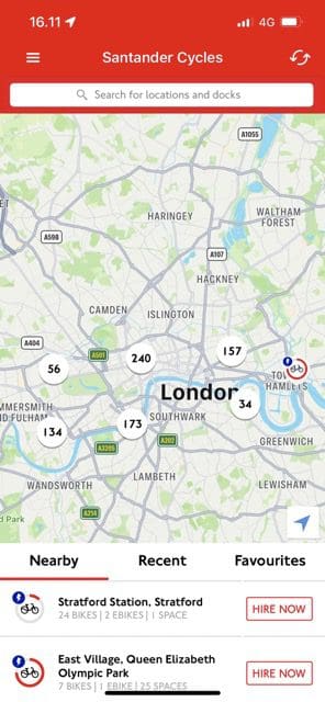 skærmbillede af Santander Cycles app-grænsefladen