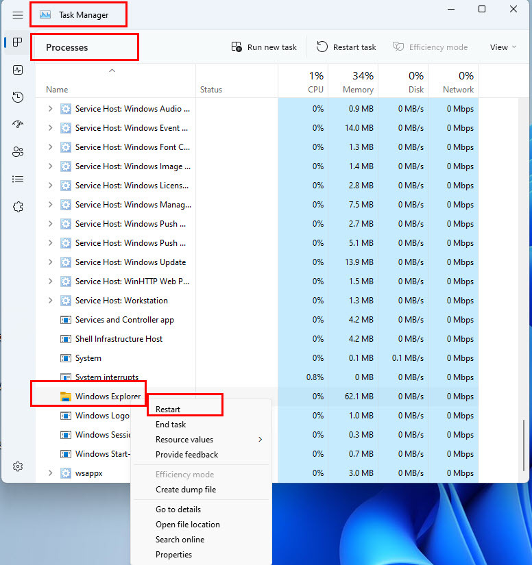 Κάντε επανεκκίνηση του προγράμματος Windows Explorer