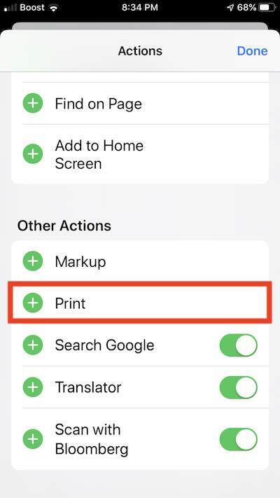 „iOS 13“ trūksta „Safari Print“ funkcijos