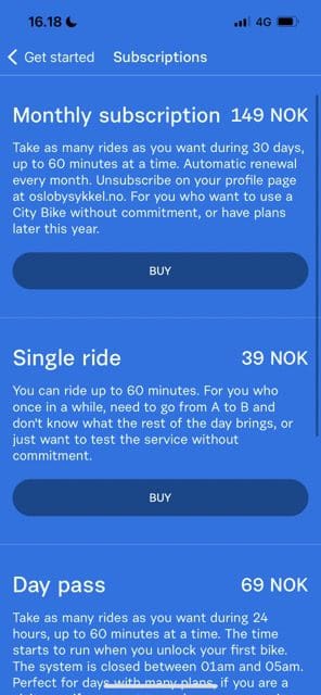 ओस्लो सिटी बाइक के लिए सदस्यता कीमतें