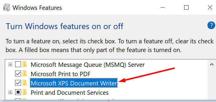 Microsoft XPS-documentschrijver inschakelen