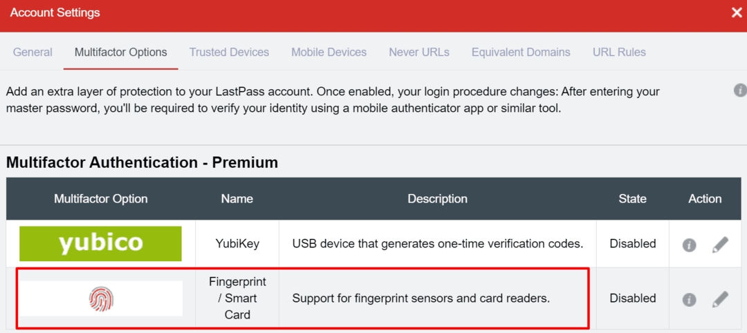 Lastpass multifactor options เพิ่มเซ็นเซอร์ลายนิ้วมือ