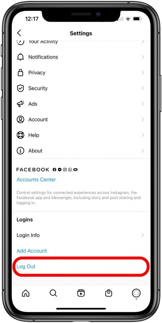 Pieskarieties log out, lai izietu no Instagram konta.