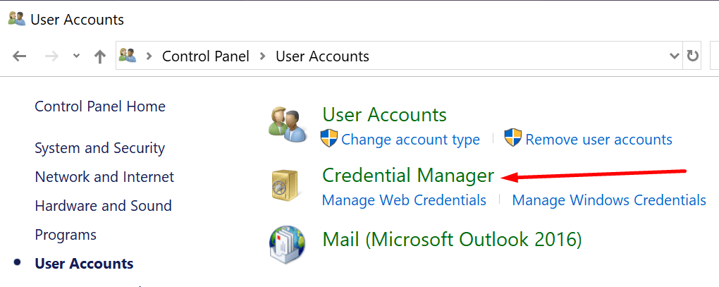 administrador de credenciales del panel de control