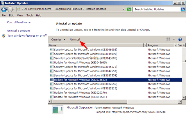 odstranite Windows Update KB3035583