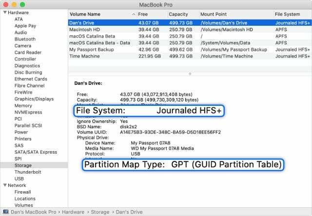 드라이브 파일 시스템 및 파티션 맵 유형을 보여주는 시스템 정보