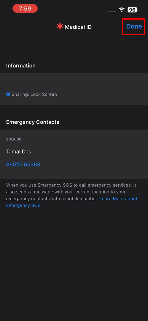 Medizinischer ID-Bildschirm von Emergency SOS