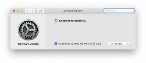 Snímek obrazovky předvoleb systému macOS, které hledají aktualizace