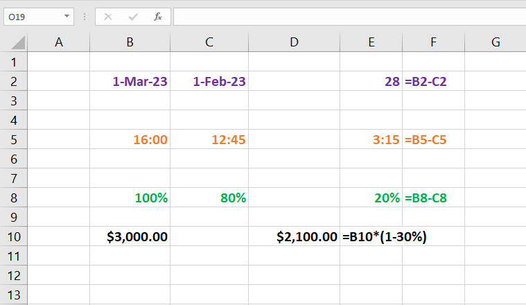 Varie formule di sottrazione usate di frequente in excel