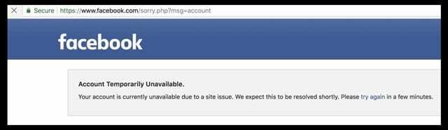 Messaggio di errore account Facebook temporaneamente non disponibile