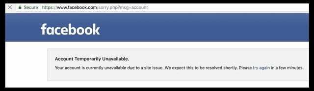 Facebook-meddelelseskonto midlertidigt utilgængelig fejlmeddelelse