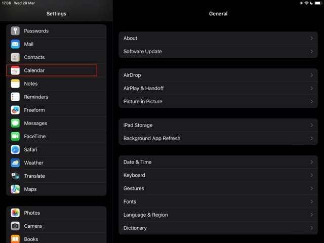 הגדרות אפליקציית יומן צילום מסך של iPad