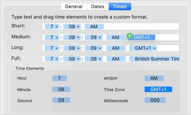 Menambahkan zona waktu ke format waktu Medium di System Preferences