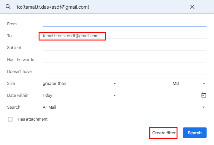 Crear un filtro de correo electrónico usando el alias de correo electrónico de Gmail