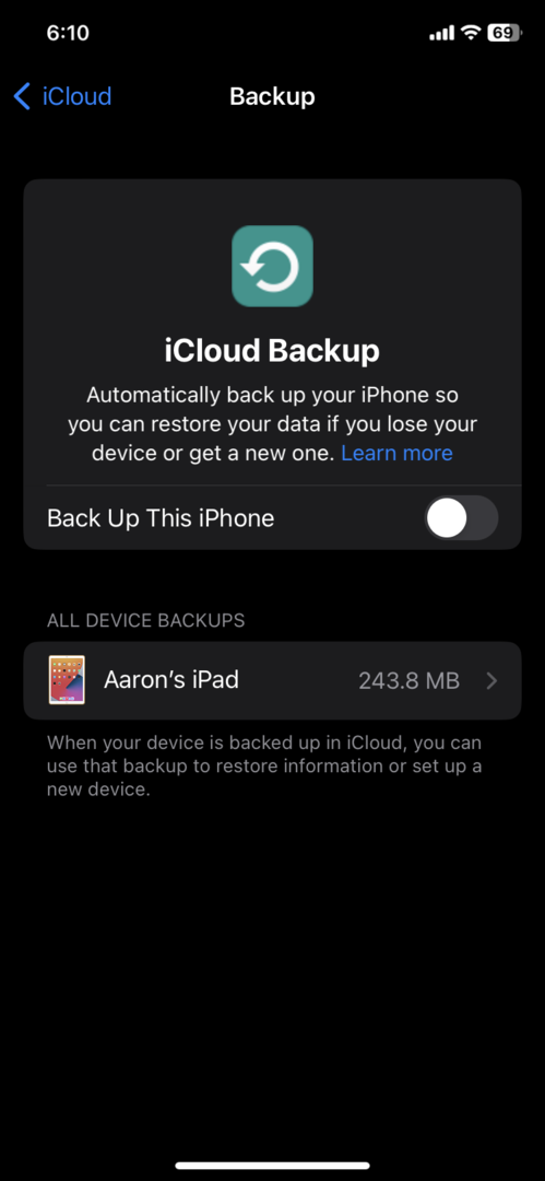 Captura de tela de alternância de backup do iCloud