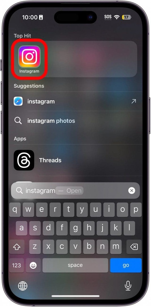 kırmızı daire içine alınmış Instagram uygulamasıyla iPhone spotlight araması