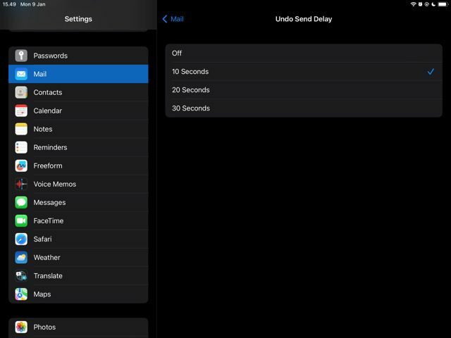 Снимок экрана, показывающий, как отменить задержку отправки в почте на iPad