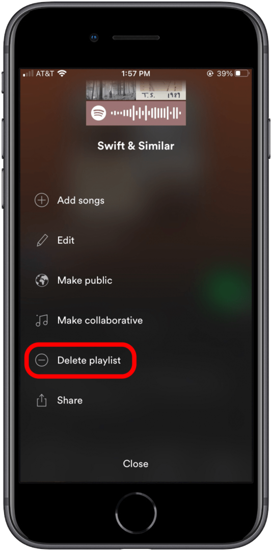 Spotify esitusloendi iPhone'ist eemaldamiseks valige Kustuta esitusloend