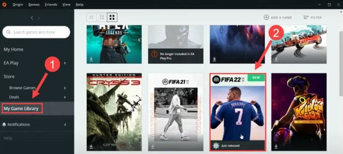 Klicke auf Meine Spielebibliothek und wähle FIFA 22 in Origin in der Origin-Software