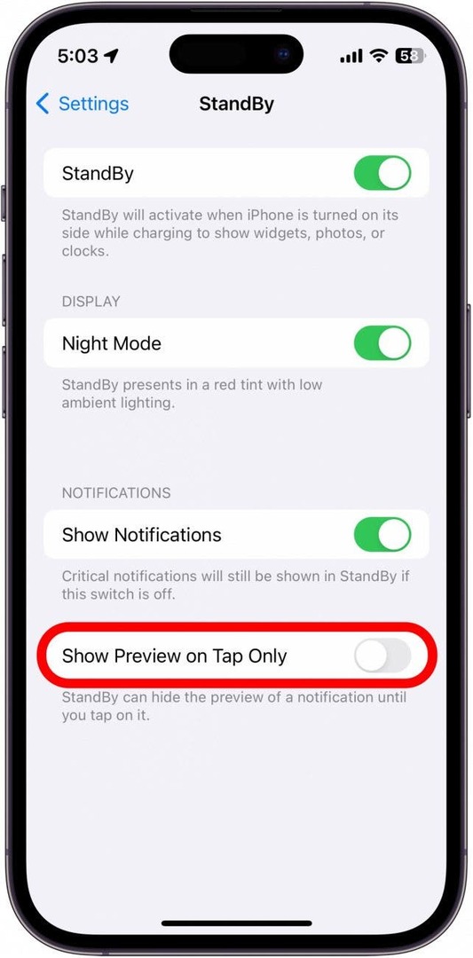Ρυθμίσεις αναμονής iphone με εναλλαγή εμφάνισης στο πάτημα με κόκκινο κύκλο