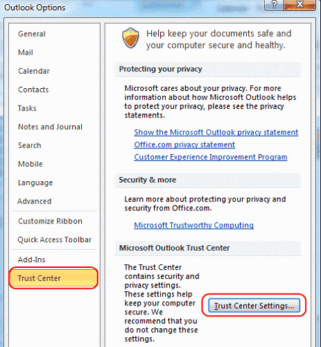 Outlook-options-Trust-Center-Settings