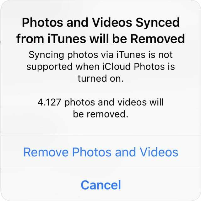 Įspėjimas, kad iTunes nuotraukos ir vaizdo įrašai bus pašalinti