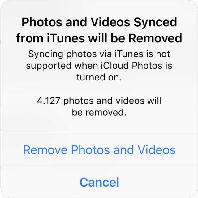 Avviso di avviso che le foto e i video di iTunes verranno rimossi