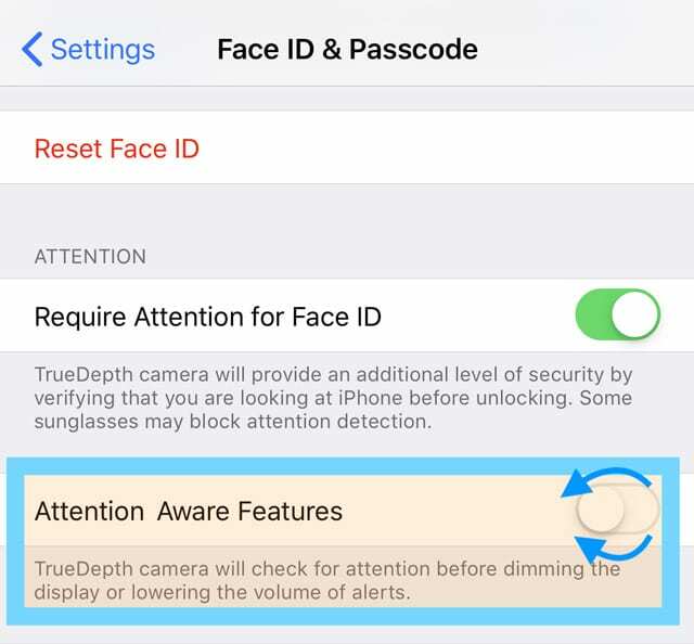 lülitage välja iPhone'id, millel on Face ID tähelepanuvõimelised funktsioonid