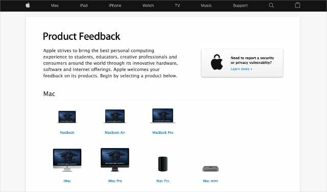 Webová stránka Apple Feedback