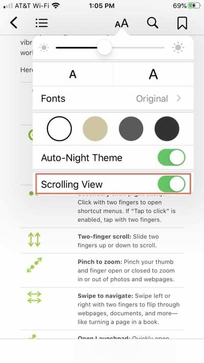 पुस्तकें iPhone में स्क्रॉलिंग सक्षम करें