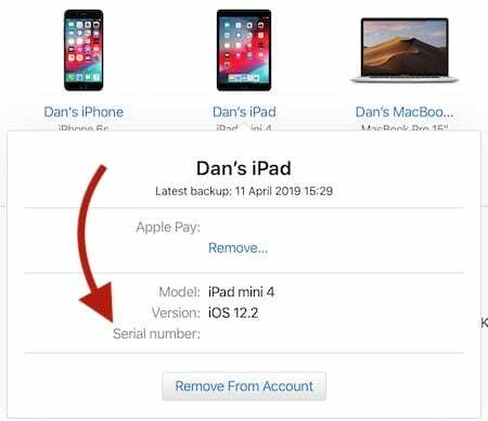 Apple ID jaotises Seadmed on teie seerianumbrid.