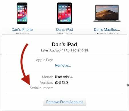 Az Apple ID Eszközök szakasza tartalmazza a sorozatszámokat.