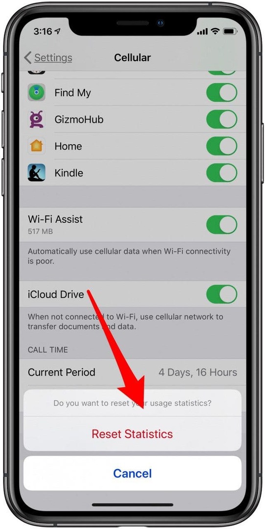 iš naujo nustatyti duomenų statistiką iphone