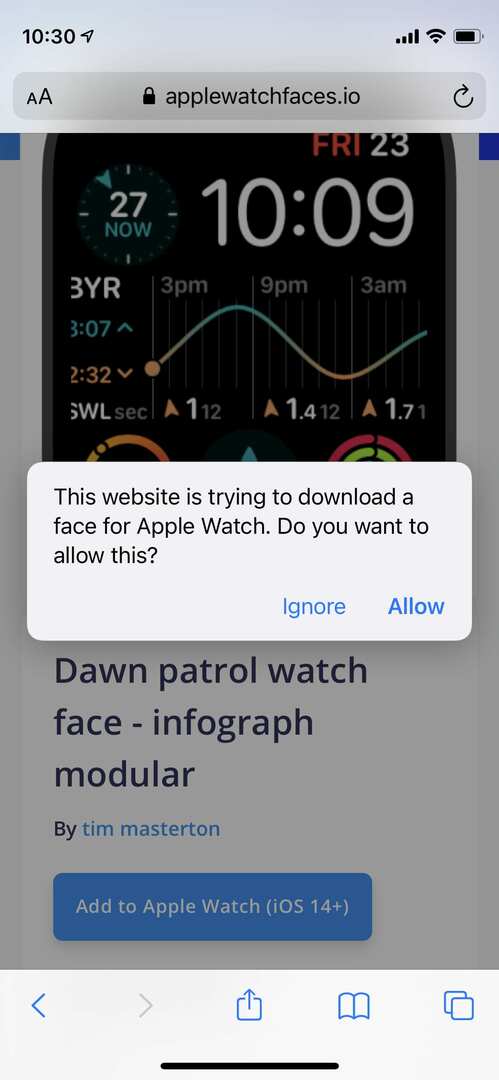 AppleWatchFaces.io वॉच ऐप खोलने की अनुमति मांग रहा है।