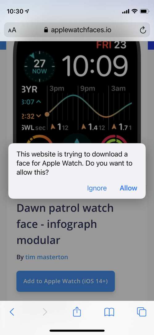 AppleWatchFaces.io, Watch uygulamasını açmak için izin istiyor.