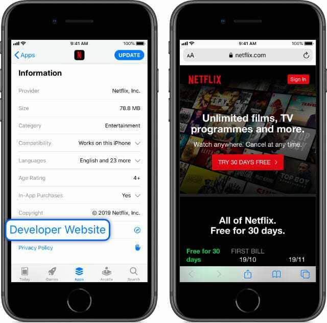 Poga Izstrādātāja vietne pakalpojumā App Store, kas veido saiti uz Netflix vietni