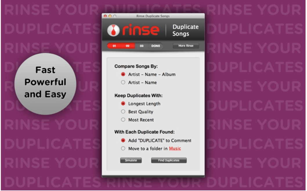 Rinse Duplicate Songs 