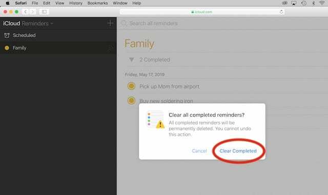 Натиснете изчистване, завършено в изскачащ прозорец в напомнянията в iCloud.