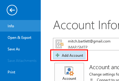 Botão Adicionar conta do Outlook 2013