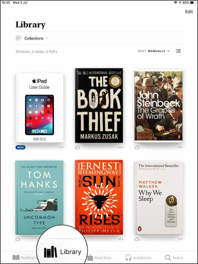 iBooks ბიბლიოთეკა iPad-ის მომხმარებლის სახელმძღვანელოთი