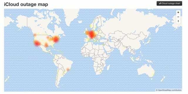 živá mapa výpadku iCloud na detektore poklesu