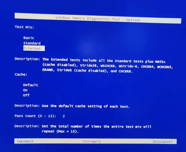 חלון כלי אבחון זיכרון של Windows - F10