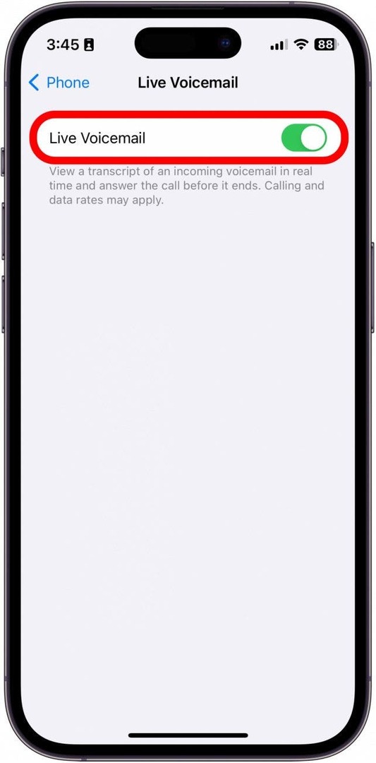 Configuración del iPhone con un círculo rojo alrededor del conmutador de correo de voz en vivo