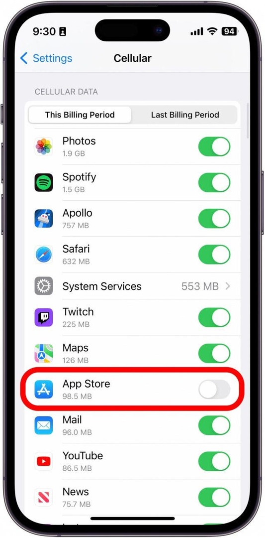 Wenn der Umschalter grau und links positioniert ist, bedeutet dies, dass Mobilfunkdaten für diese bestimmte App deaktiviert sind. Sie können auf den Schalter tippen, um ihn zu aktivieren.